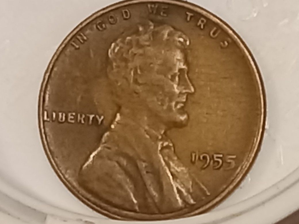 1955 Wheat Penny No T In Trust, Light Strike On 5 In 1955.