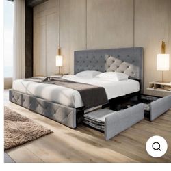 Queen size Upholstered Bed Frame with 4 Drawers Storage and Headboard with Wood Slat Support  platform bed frame is made of comfortable linen