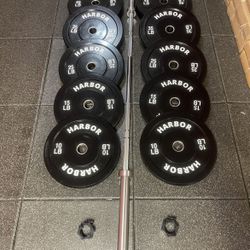New Rubber Bumper Plate 260lb Set + Olympic Barbell And A Pair Of LOCKJAW COLLARS; Bumper Plates Package; Home Gym Package  