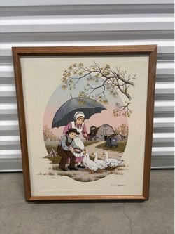C. Carson Framed Canvas Art - Children Feeding Ducks