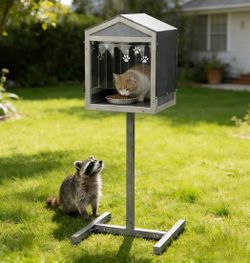 55” Outdoor Cat Feeding Station & Feral Cat Shelter with Climbing Tower, Rain Cover – Gray
