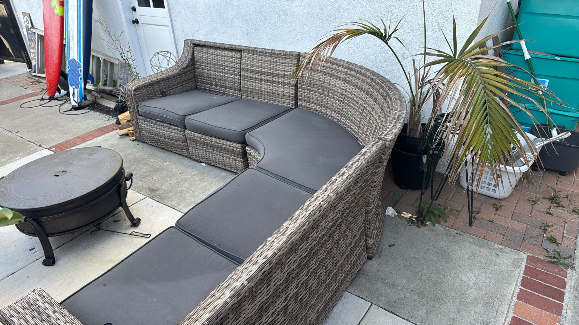 Outdoor Sectional W/ Reclining Seats. (needs Back pillows) Also With Outdoor Fire Pit. 