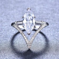 925 Sterling Silver Marquise Cut Moissanite V Shape Engagement Ring  - Size 11
