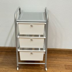 3-Tier White Rolling Kitchen Cart, Steel Storage Cart With Plastic Drawers