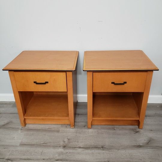 Set Of 2 Honey Maple Wood 1 Drawer Sturdy Night Stands