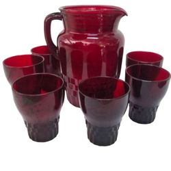 Vintage Ruby Red Pitcher Serving Set