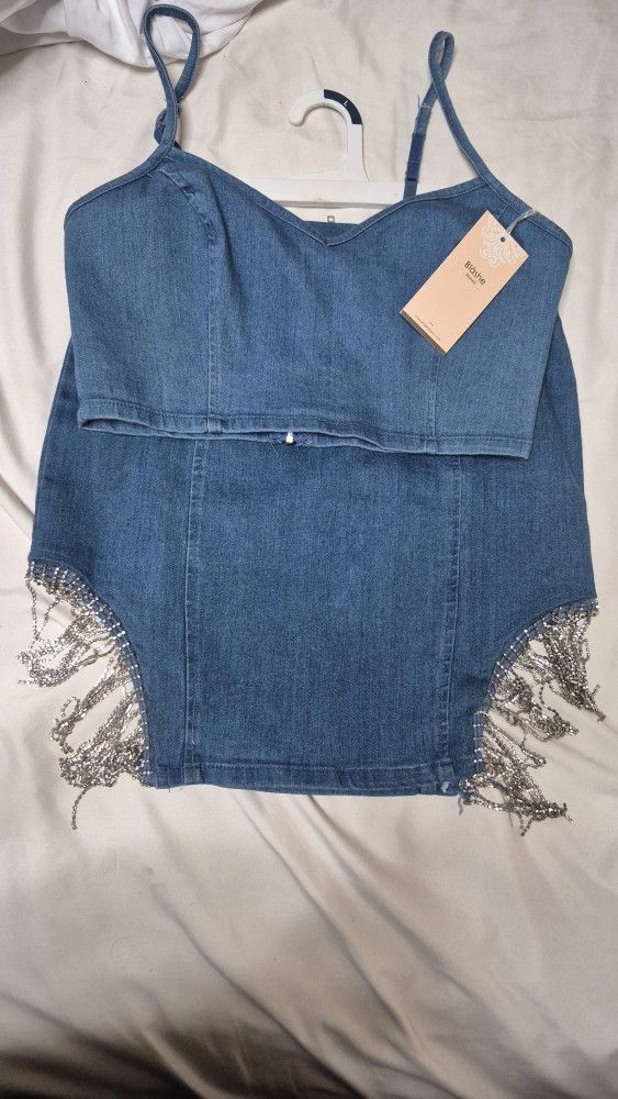 Large Denim Skirt With Rhinestone Fringe And Top $20