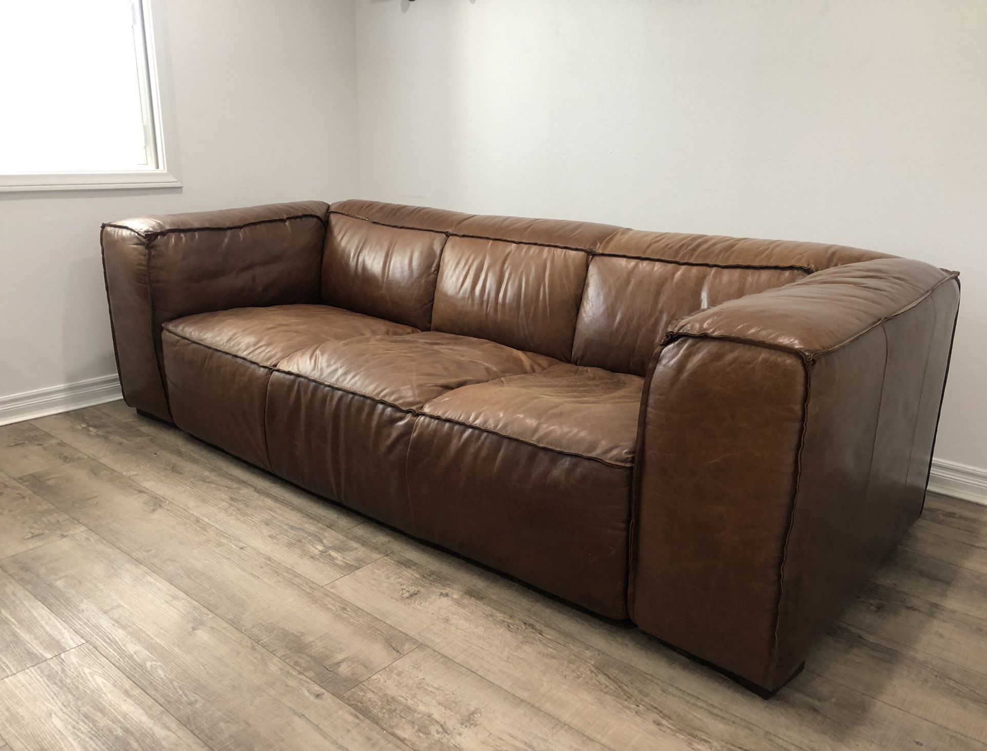 ARTICLE Cigar Rawhide Brown Leather Sofa Couch. High Quality Soft Genuine Leather in Excellent Condition.(100" Wide x 29" Height). Cleaned/Conditioned