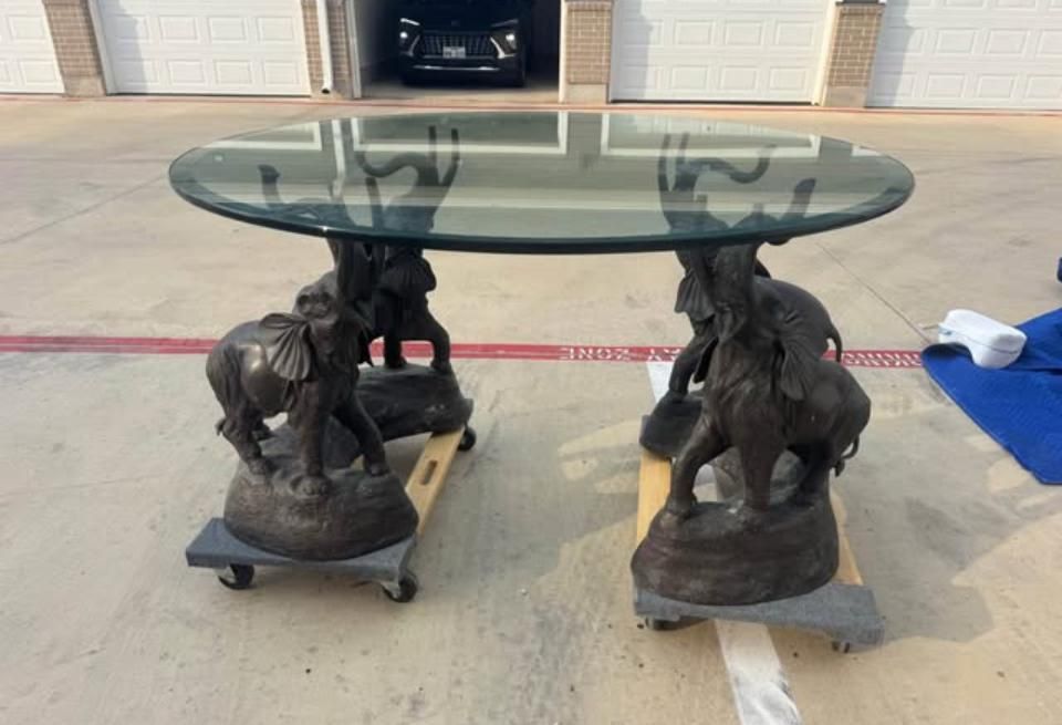 Vintage Solid Brass Elephant Table with Glass Top – 53” Round, 30” Tall
