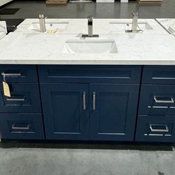 48” Blue Solid Wood Bathroom Vanity with 6 Drawers, Includes Countertop & Sink