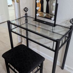 Modern Glass Vanity Desk w/ Lighted Mirror & Stool
