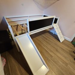 Twin Size White Low Loft Bed with Chalkboard, Slide, and 2 Storage Boxes