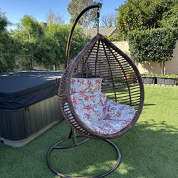 Hanging Egg Chair w/ Stand & Cushion, Rattan Wicker Swing Chair, Indoor/Outdoor
