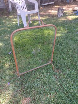  late Victorian Mirror rear etched bevel edged mirror & brass fire guard or fire screen 