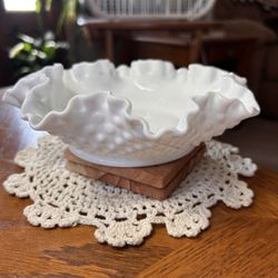 Hobnail Fenton White Milk Glass Ruffled Edge Bowl 