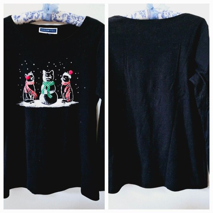 Size Medium Karen Scott Black Long-Sleeved 100% Cotton Shirt with Kitty Cats Design & Red Pom Pom Hat Tassels strategically placed & Express 100% Cash