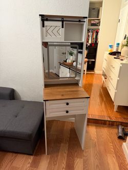 Farmhouse Vanity Desk with Mirror and Storage