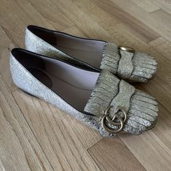Gucci Marmont GG Gold Fringe Loafer Flats Metallic Size 36 EU US 6