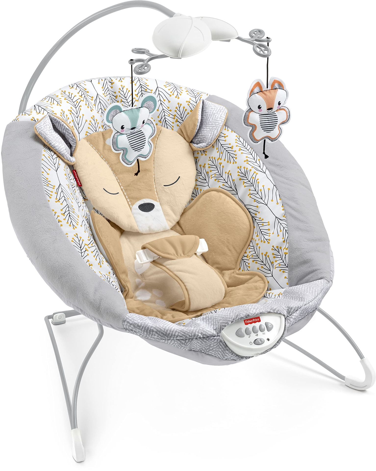 Baby Bouncer | Fisher Price | Deluxe | Woodland Creatures Fawn | Baby Rocker | Music & Vibration | Mobile Toy | Newborn Baby 0+ Months