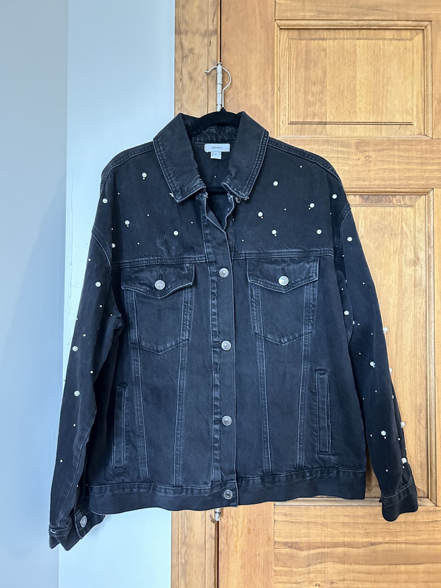 Forever 21 Black Denim Jacket With Pearl Accents