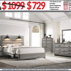 4pc Bedroom Set $729 Queen $829 Eastern King Includes bedframe W/ Led Lamps Dresser mirror nightstand Gray Bedroom Set