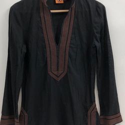 Tory Burch long sleeve lightweight, navy blue tunic with embroidered accents