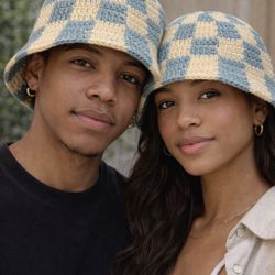 Handmade Blue & Cream Checkerboard Crochet Bucket Hat – Matching Couple Style