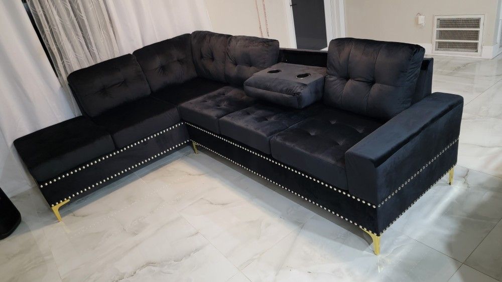 Sectional Sofa Black Reversible Cup Holders NEW Finance Available 