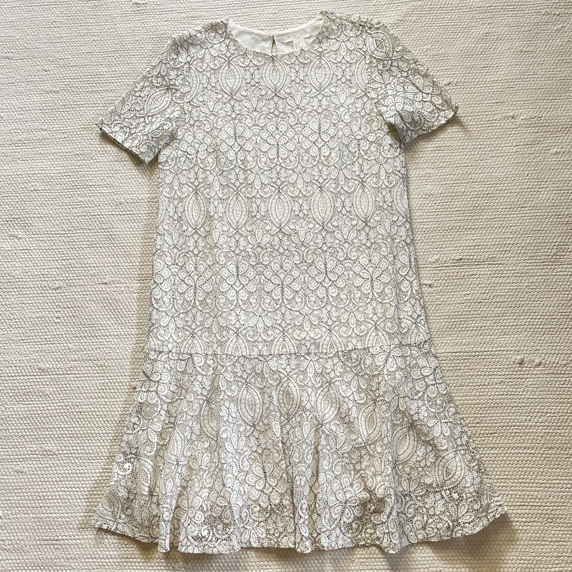 H&M White/Black Crew Neck Tunic Peplum Ruffle Dress Short Sleeves Size 8
