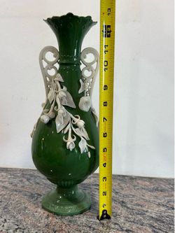 Vintage Victorian-Style Green & White Floral Porcelain Vase (30 cm / 12")