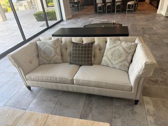 ETHAN ALLEN Cream Tufted Sofa with Nailhead Trim, chair and 2 coffee table