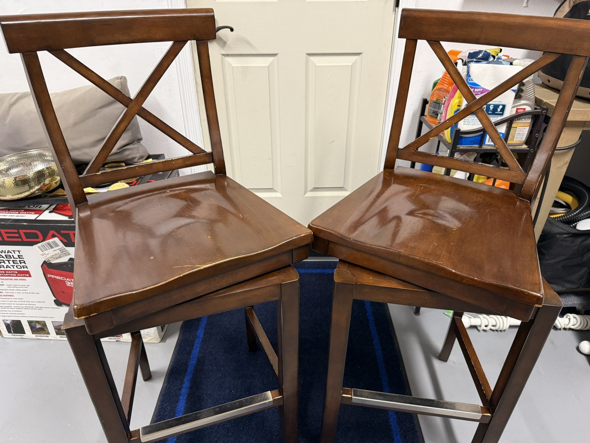 (2) Solid Wood High Back Swivel Stools, Foot Rest, X Back, Tall, Armless