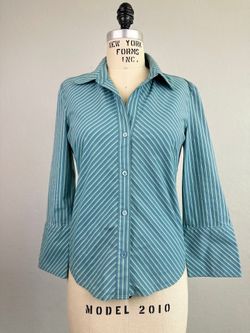 BCBGMAXAZRIA Striped Button Front Blouse Teal Blue Size 2 Y2K