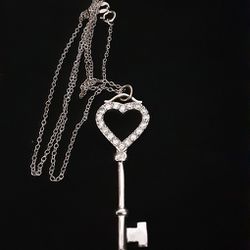 DIAMOND STERLING SILVER KEY TO THE HEART CHARM AND NECKLACE