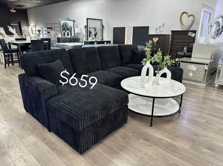 Stylish 3-pc Convertible Sectional Sofa With Double Chaise Black Fur- Like Jumbo Corduroy