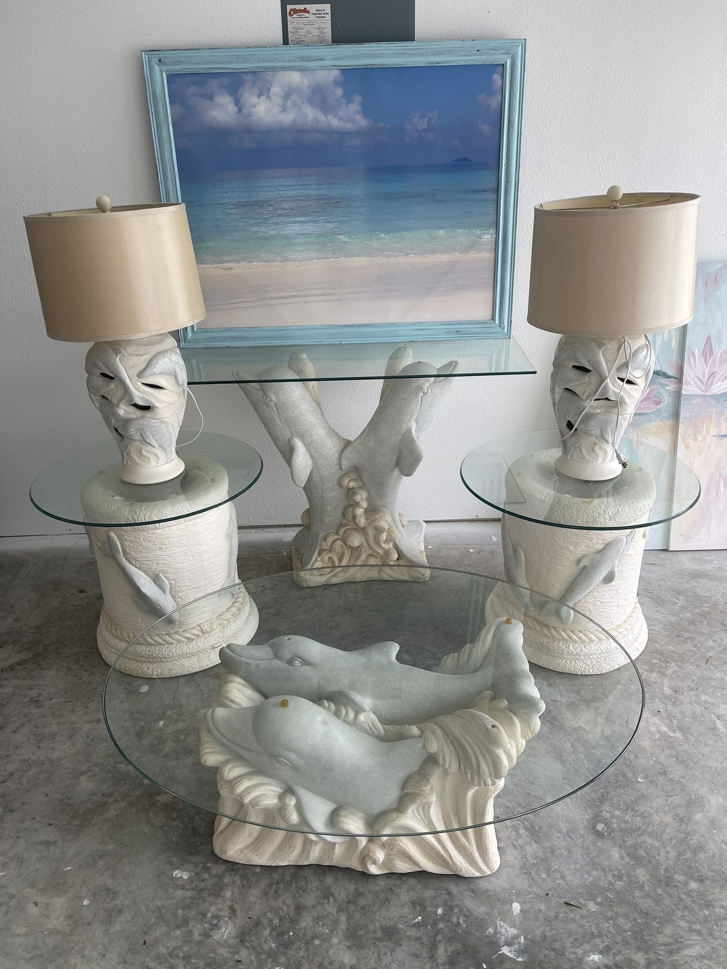 6 Pcs Dolphin Glass Top Tables And Lamps Set
