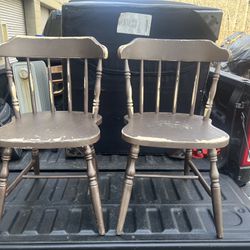 Two Vintage Wooden Spindle Back kitchen Chairs, base of chair 17 1/2”, back 30 1/2”, need refinished or repainted 