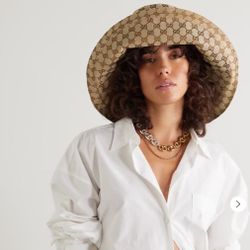 Gucci GG Beige Canvas Denim Wide Large Brim Monogram Jacquard Beach Bucket Hat New