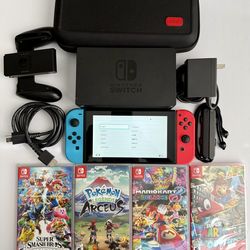 Nintendo Switch Red & Blue Bundle with 5 Must-Have Games + Travel Case