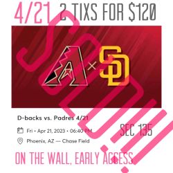 Arizona Diamondbacks Vs Boston red Sox's Friday Night $180 For both Tix On The Wall Early Access 