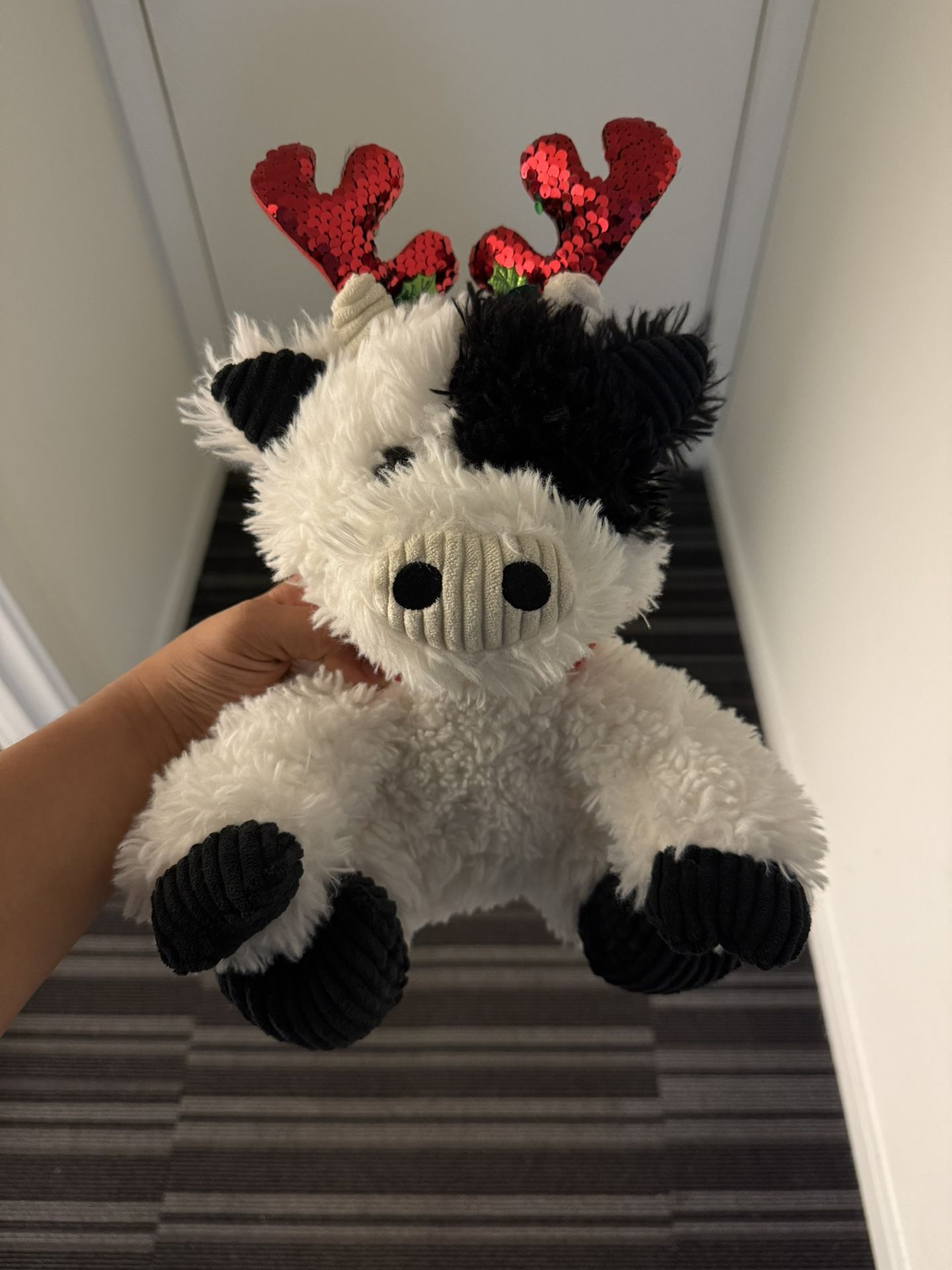 Plush Cow Toy with Holiday Antlers – Soft & Cuddly!