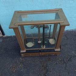 Fisher Scientific Company Antique Balance Scale Glass & Wood Case Brass Vintage