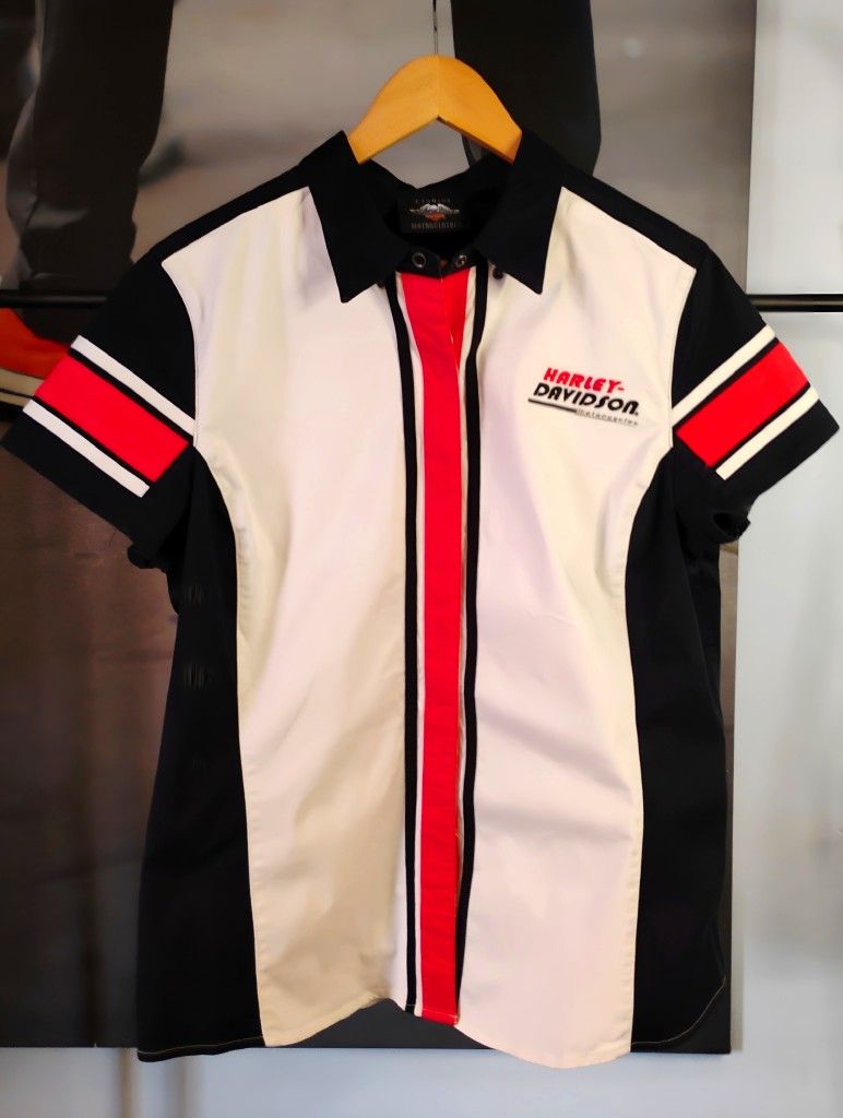 Harley-Davidson Women’s Short Sleeve Button-Up Shirt XL Black White Red