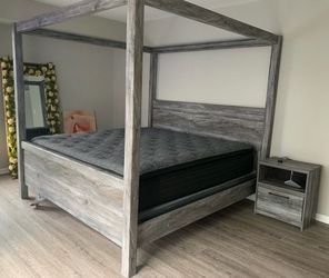 Gray Wood Four-Poster Canopy Bed Frame