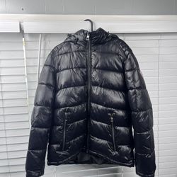 Men's Black Guess Hooded Puffer Coat Size Medium