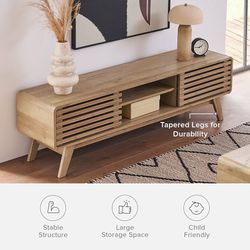 mopio Ensley 59" TV Stand with Slatted Door, Mid Century Modern Entertainment Center for 55/60/65 inch TV, Farmhouse Media Console with Storage, Adjus