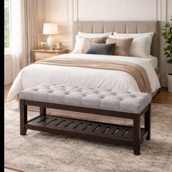 Ottoman Storage Bench, Modern Upholstered End of Bed Bench, Comfortable Entryway Bench with Wood Legs, Accent Footrest for Living Room, Light Grey