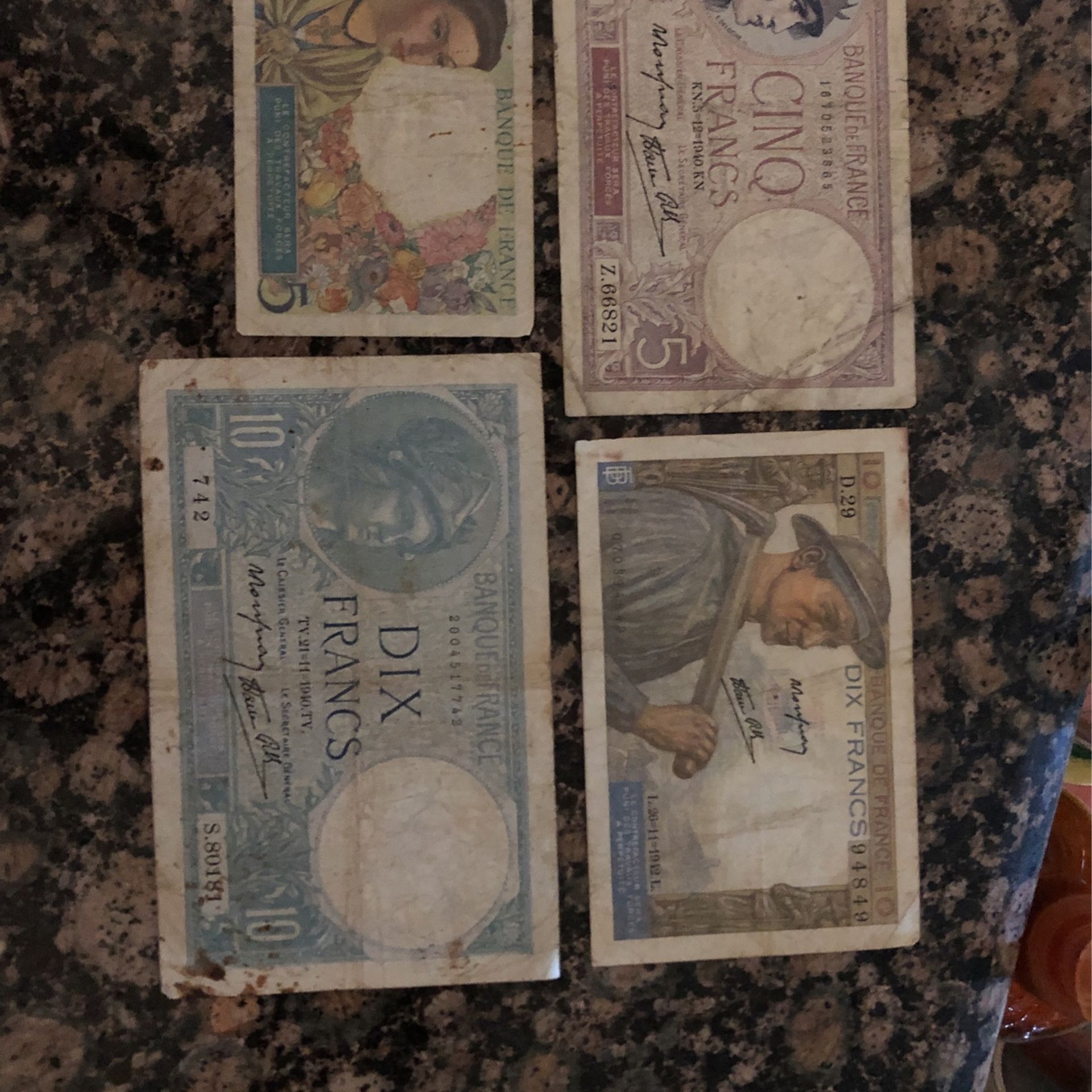 Lot Of 4 Vintage Banknotes France 1940’s Year
