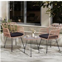 3 Pieces Wicker Patio Bistro Furniture Set, Includes 2 Chairs and Glass Top Table, Ideal for Porch, Outdoor, Backyard, Apartment, Balcony Natural Colo