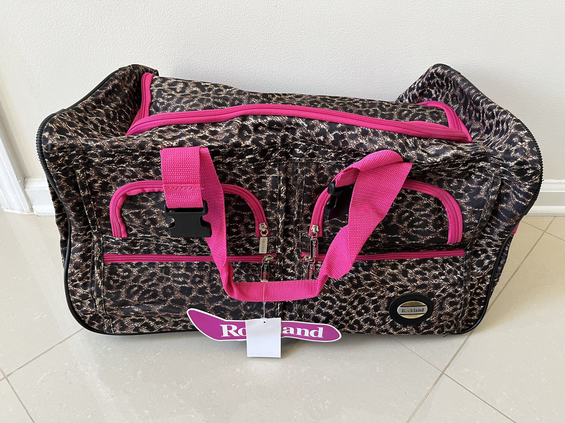 NEW Rolling Duffel Bag W/ Retractable Handle, Carry On Suitcase - Pink Leopard 22 Inch !